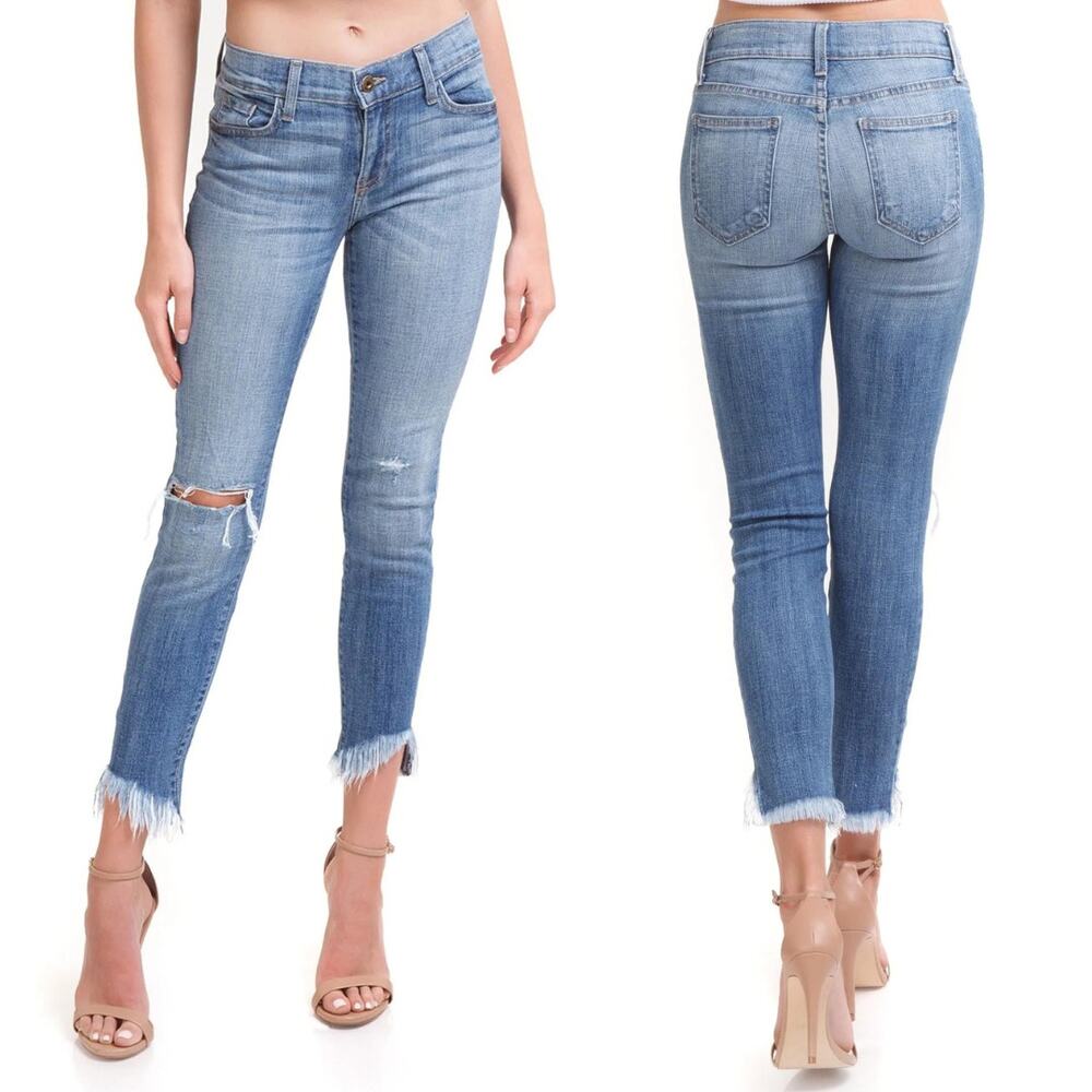 Pistola Audrey Distressed Medium Wash Mid Rise Cropped Cut Off Soft Cotton Jeans